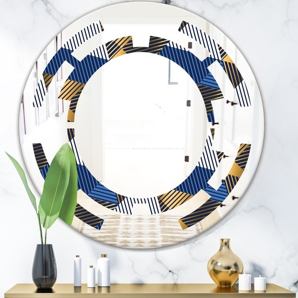 Designart 'Retro Luxury Waves In Gold and Blue V' Modern Round or Oval Wall Mirror - Space