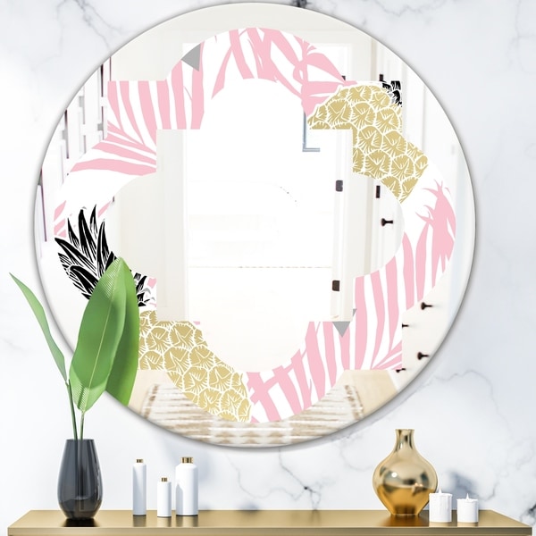 Designart 'Golden Pineapple Pink Leaves' Modern Round or Oval Wall Mirror - Quatrefoil