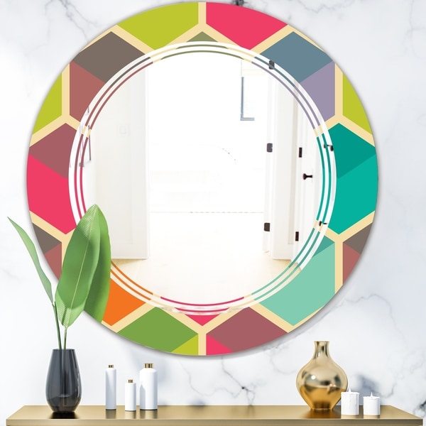 Designart 'Retro Hexagon Pattern I' Modern Round or Oval Wall Mirror - Triple C - Multi