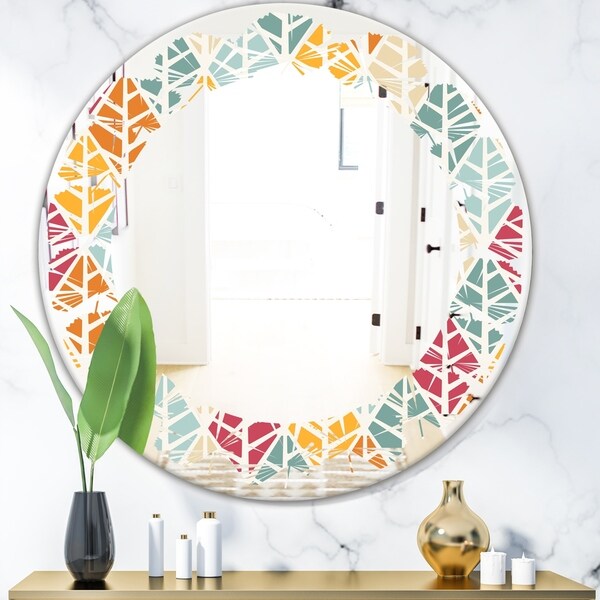 Designart 'Diamond Retro X' Modern Round or Oval Wall Mirror - Leaves - Multi