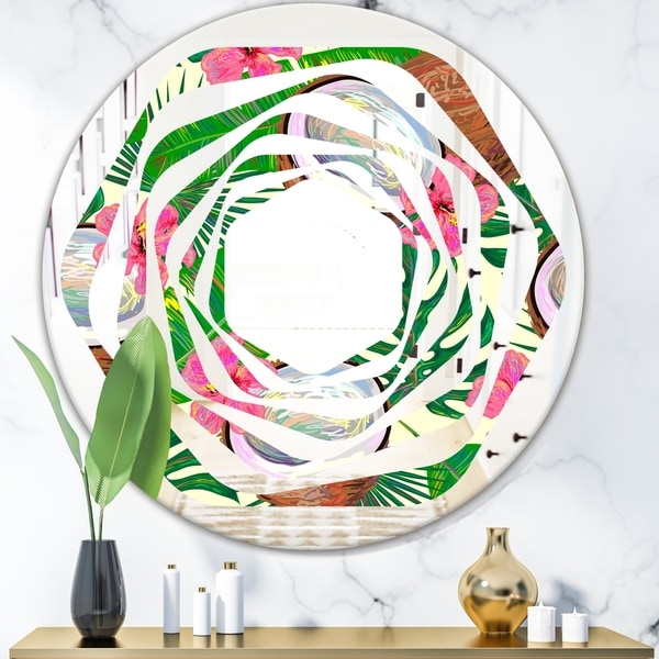 Designart 'Tropical Cooconut and Jungle Flowers' Modern Round or Oval Wall Mirror - Whirl