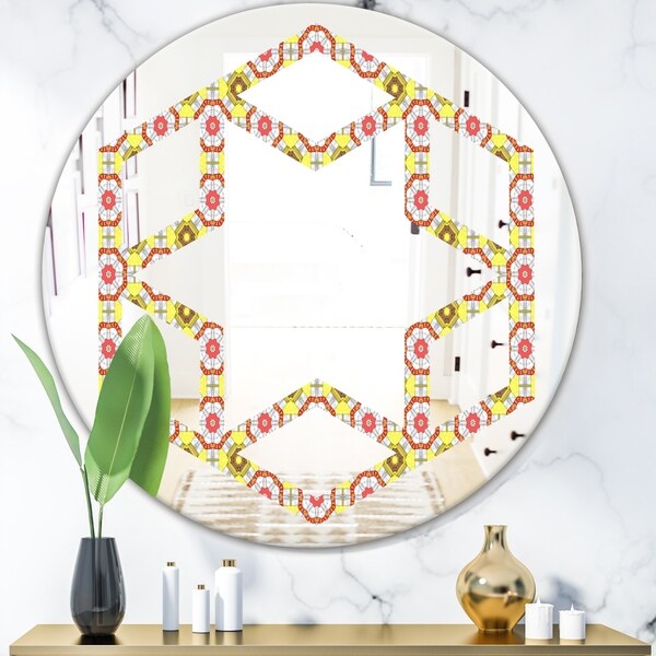 Designart 'Retro Ethnic Abstract Kaleidoscope Design' Modern Round or Oval Wall Mirror - Hexagon Star