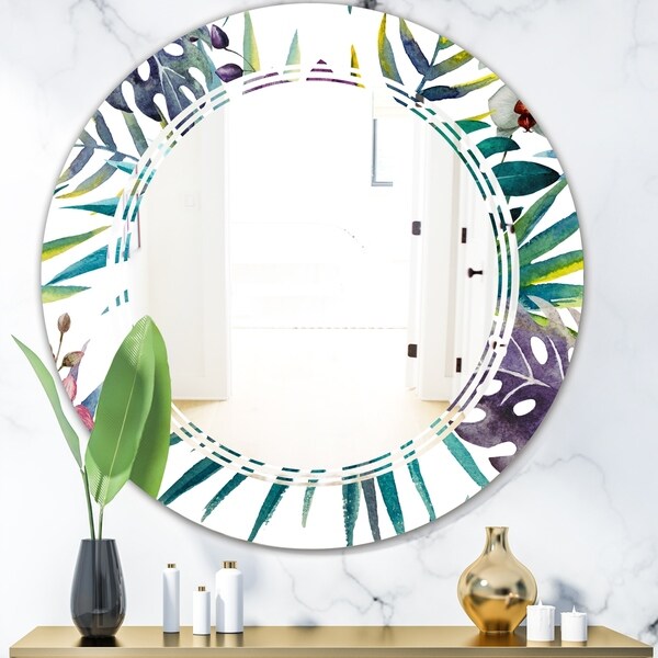 Designart 'Retro Floral Botanical Design II' Modern Round or Oval Wall Mirror - Triple C - Multi