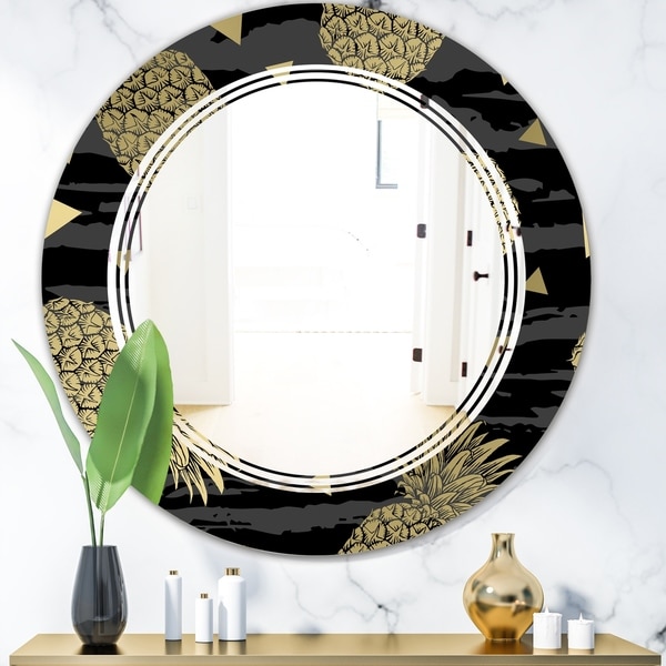 Designart 'Golden Pineapple On Black' Modern Round or Oval Wall Mirror - Triple C