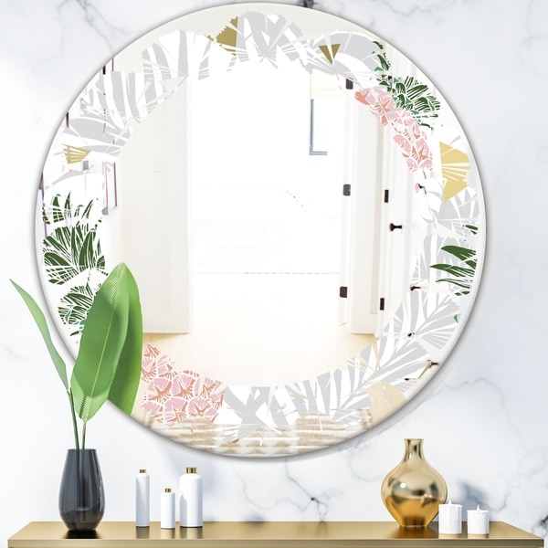 Designart 'Pineappple On Tropical Leaves' Modern Round or Oval Wall Mirror - Leaves