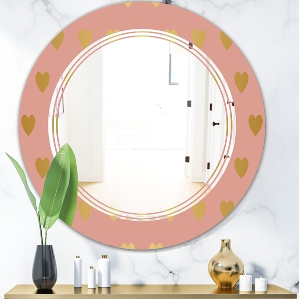 Designart 'Gold Hearts On Pink' Modern Round or Oval Wall Mirror - Triple C