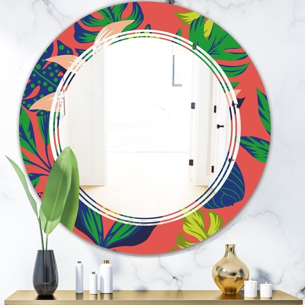 Designart 'Retro Tropical Leaves I' Modern Round or Oval Wall Mirror - Triple C - Multi