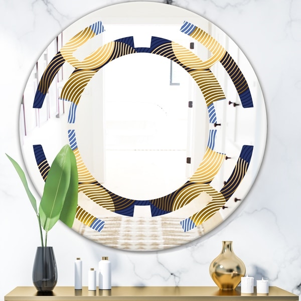Designart 'Retro Luxury Waves In Gold and Blue II' Modern Round or Oval Wall Mirror - Space