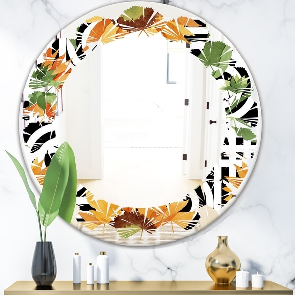 Designart 'Retro Floral Botanical II' Modern Round or Oval Wall Mirror - Leaves