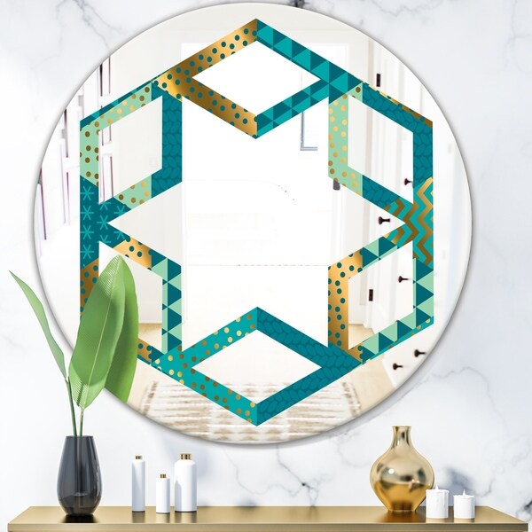 Designart 'Gold and Blue Dynamics I' Modern Round or Oval Wall Mirror - Hexagon Star