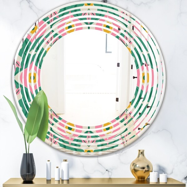 Designart 'retro pattern with flowers and leaves' Modern Round or Oval Wall Mirror - Wave
