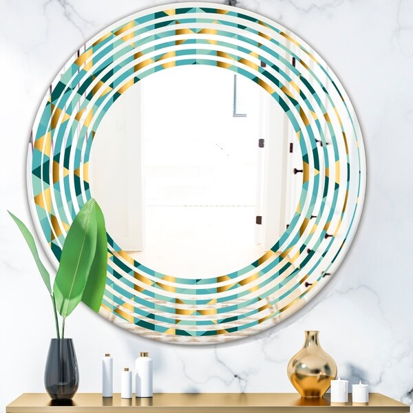 Designart 'Gold and Blue Dynamics V' Modern Round or Oval Wall Mirror - Wave