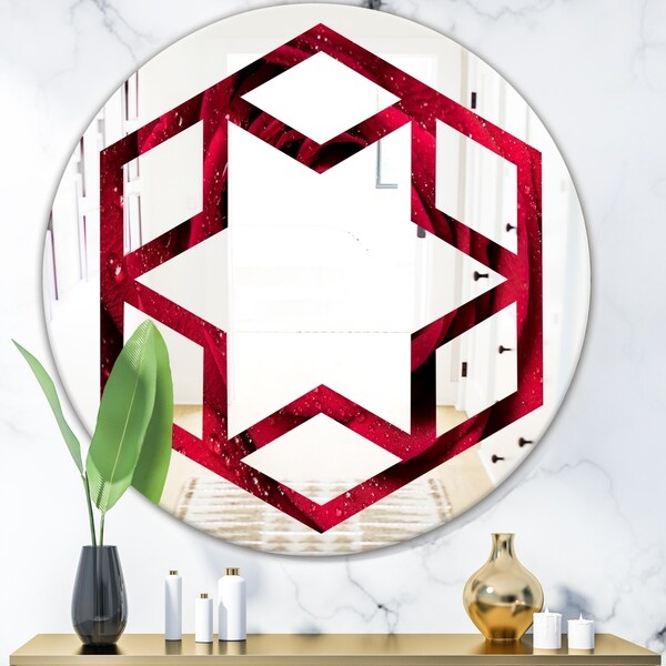 Designart 'Red Rose Petals with Rain Droplets' Modern Round or Oval Wall Mirror - Hexagon Star