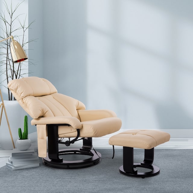 PU Leather Massage Swivel Recliner Chair and Ottoman - Cream