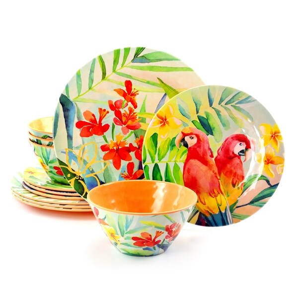Gibson Home Tropical Parrot 12 Piece Melamine Dinnerware Set