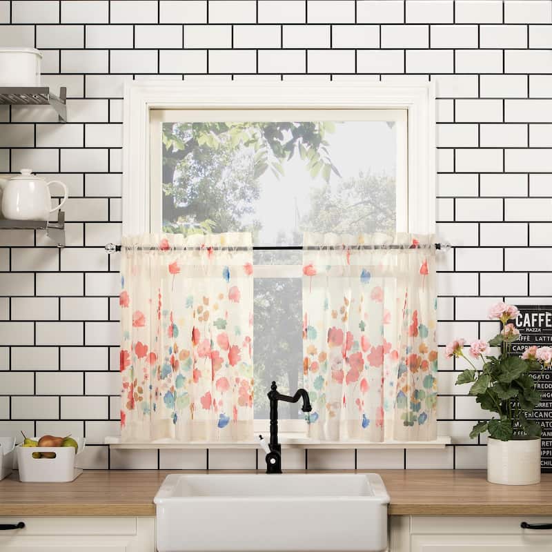 No. 918 Rosalind Floral Watercolor Semi-Sheer Rod Pocket Kitchen Curtain Valance and Tiers Set