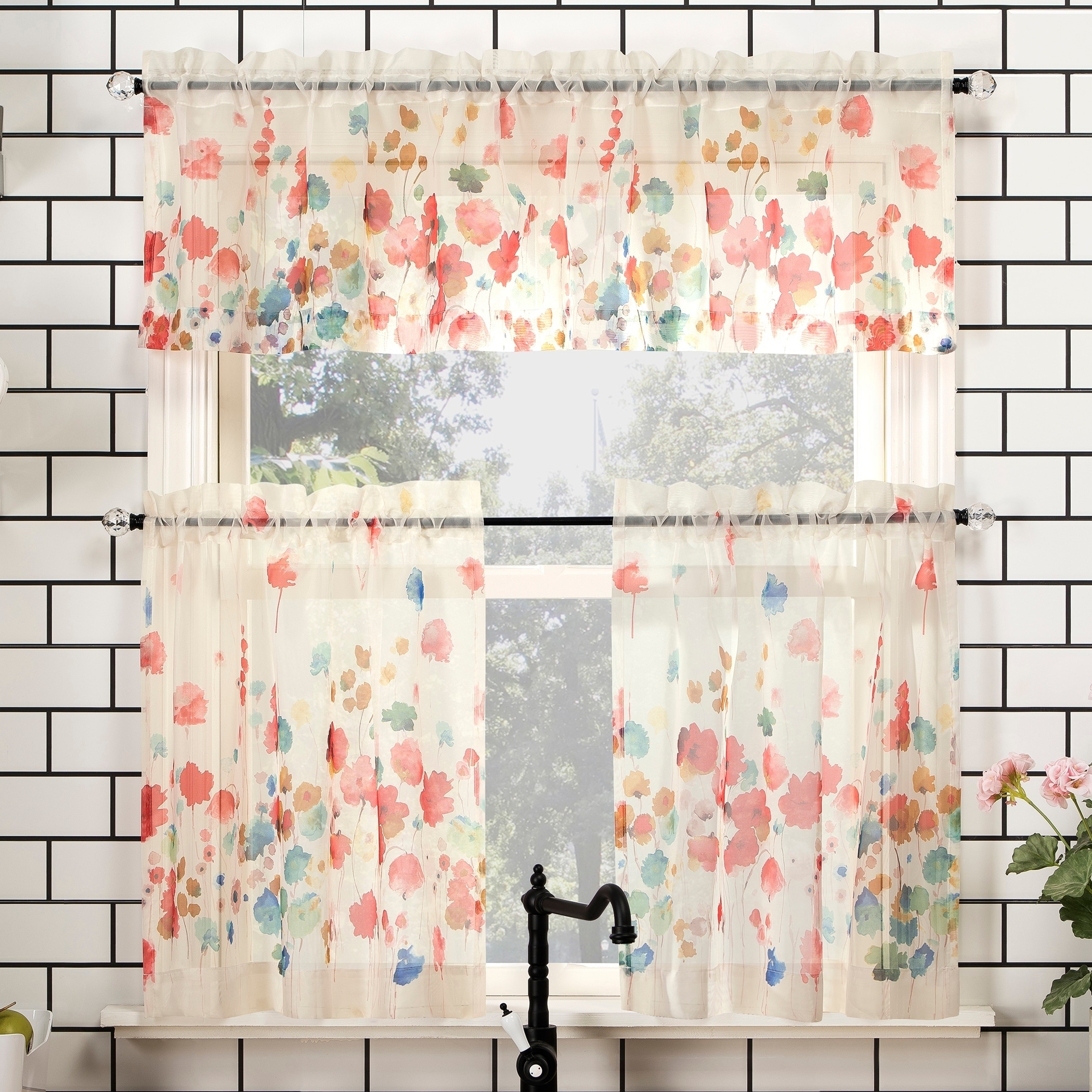 Lace Sheer Window Cafe Curtain Rod Pocket Floral Room Kitchen Valance Home Decor 