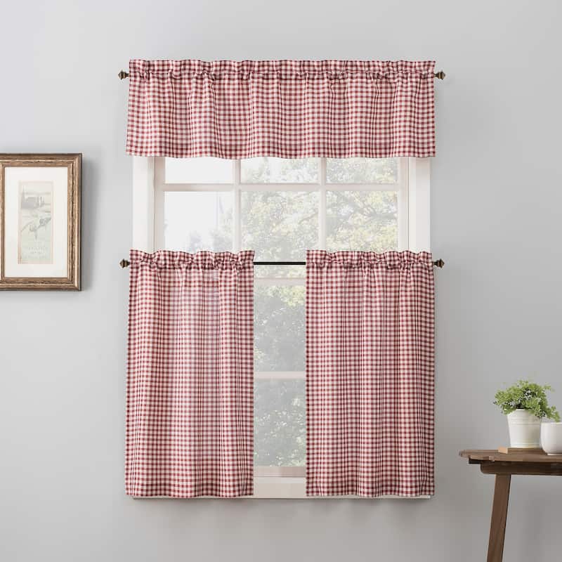 No. 918 Parkham Farmhouse Plaid Semi-Sheer Rod Pocket Kitchen Curtain Valance and Tiers Set