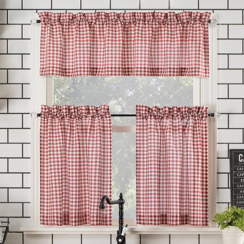 No. 918 Parkham Farmhouse Plaid Semi-Sheer Rod Pocket Kitchen Curtain Valance and Tiers Set - 54 x 36 - Red/White