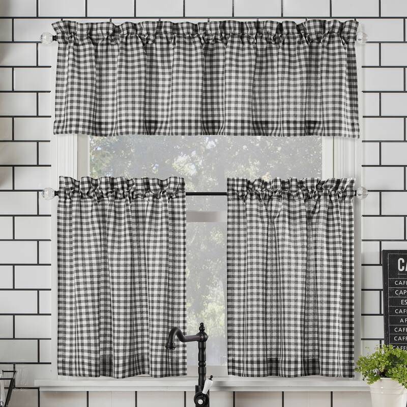 No. 918 Parkham Farmhouse Plaid Semi-Sheer Rod Pocket Kitchen Curtain Valance and Tiers Set - 54 x 36 - Black/White
