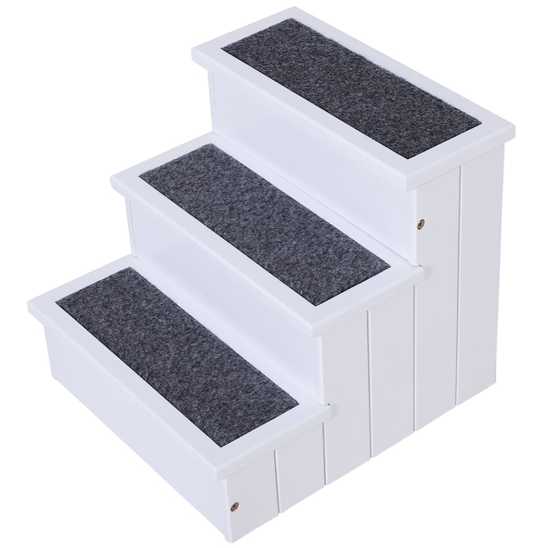PawHut 3 Step Wooden Carpeted Non Slip Pet Stairs Ramp for Cats and Small Dogs - Brown