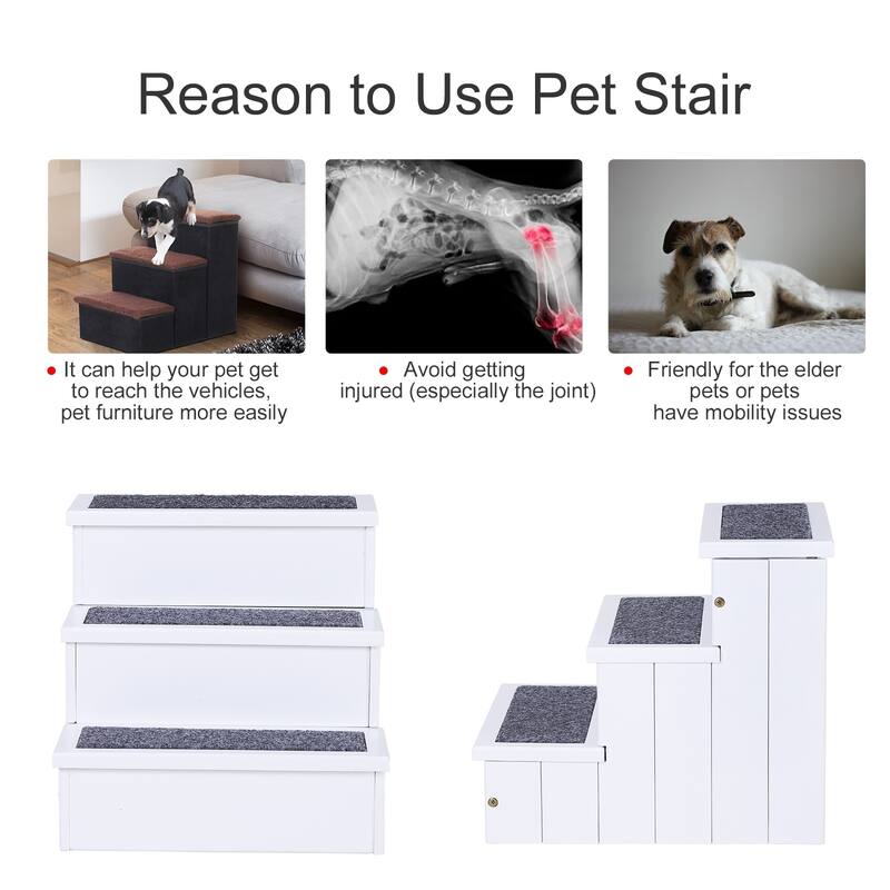 PawHut 3 Step Wooden Carpeted Non Slip Pet Stairs Ramp for Cats and Small Dogs - Brown