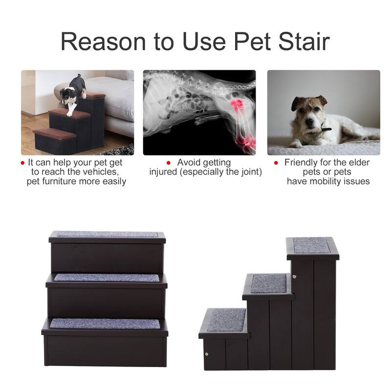 PawHut 3 Step Wooden Carpeted Non Slip Pet Stairs Ramp for Cats and Small Dogs - Brown