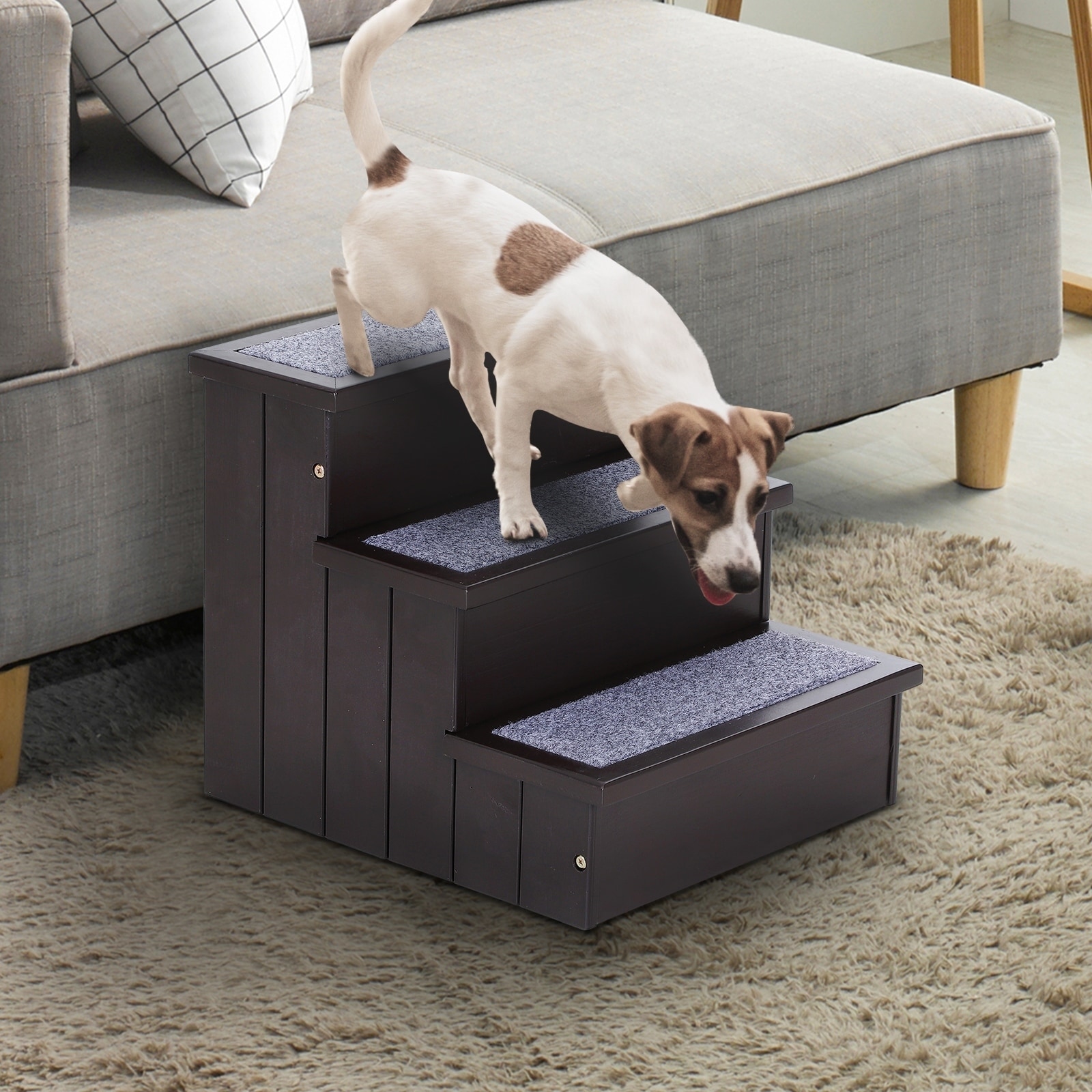 PawHut 3 Step Wooden Carpeted Non Slip Pet Stairs Ramp for Cats and Small Dogs - Brown