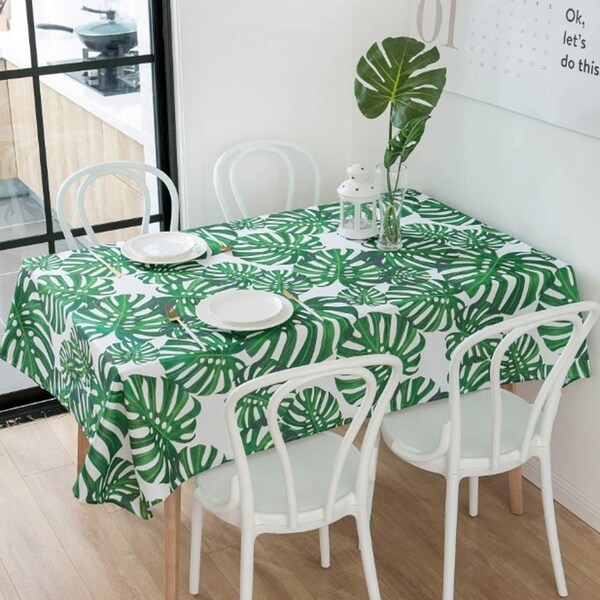 Rectangle Polyester Fabric Tablecloth Stain Proof 60" x 120" Green Leaves