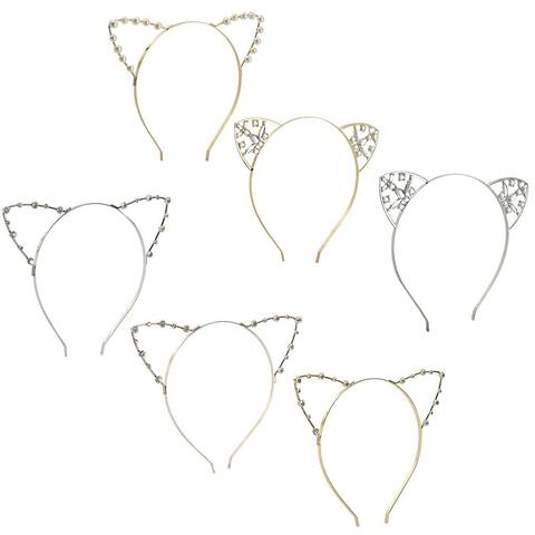 6 Pack Cat Ears Headband,Halloween Theme Party, 6 Various Styles, Silver, Gold