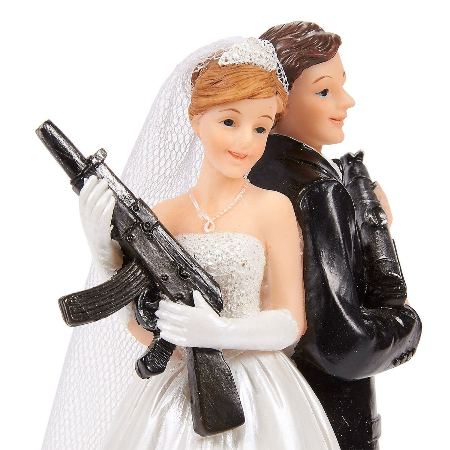 Wedding Cake Topper - Bride Groom Holding Rifles Funny Figures, 3 x 6 x 3\, image size:1500x1500
