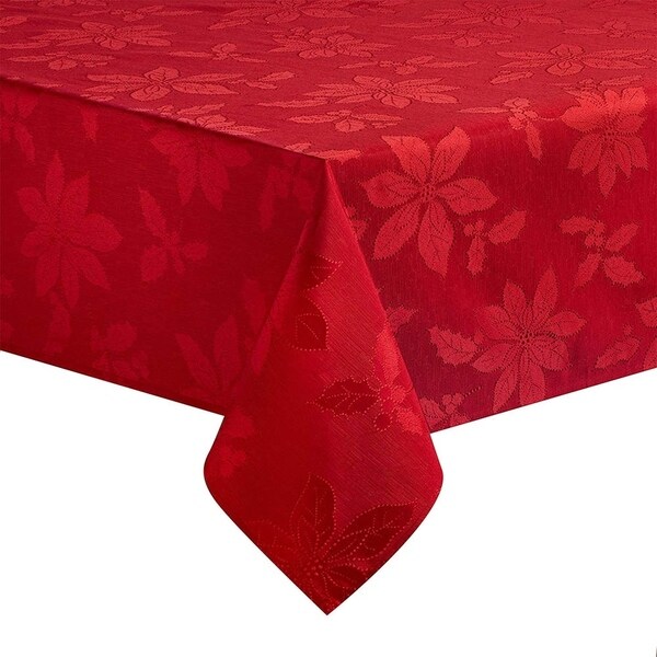 Poinsettia Legacy Damask Christmas Tablecloth 60" X 102" Red