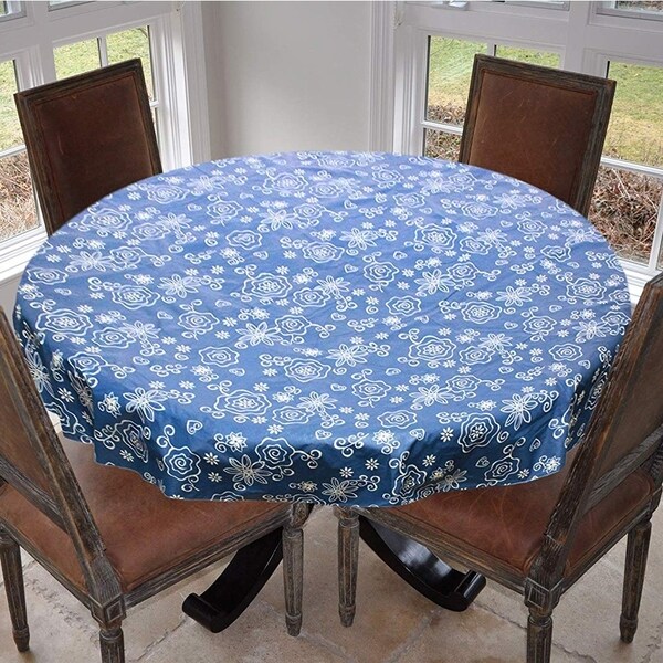 Stitched Edged Flannel Backed Vinyl Drop Round Tablecloth 70" Tonal Line Work - Blue
