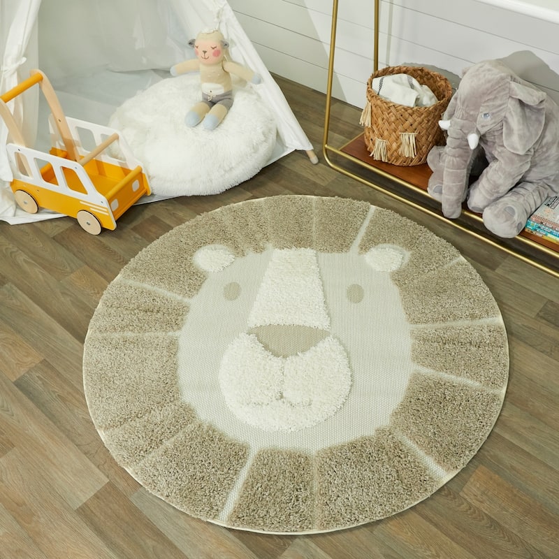Mod-Tod Animal Round Shag Kids Rug - 3'11" Round - Lion Tan - Round