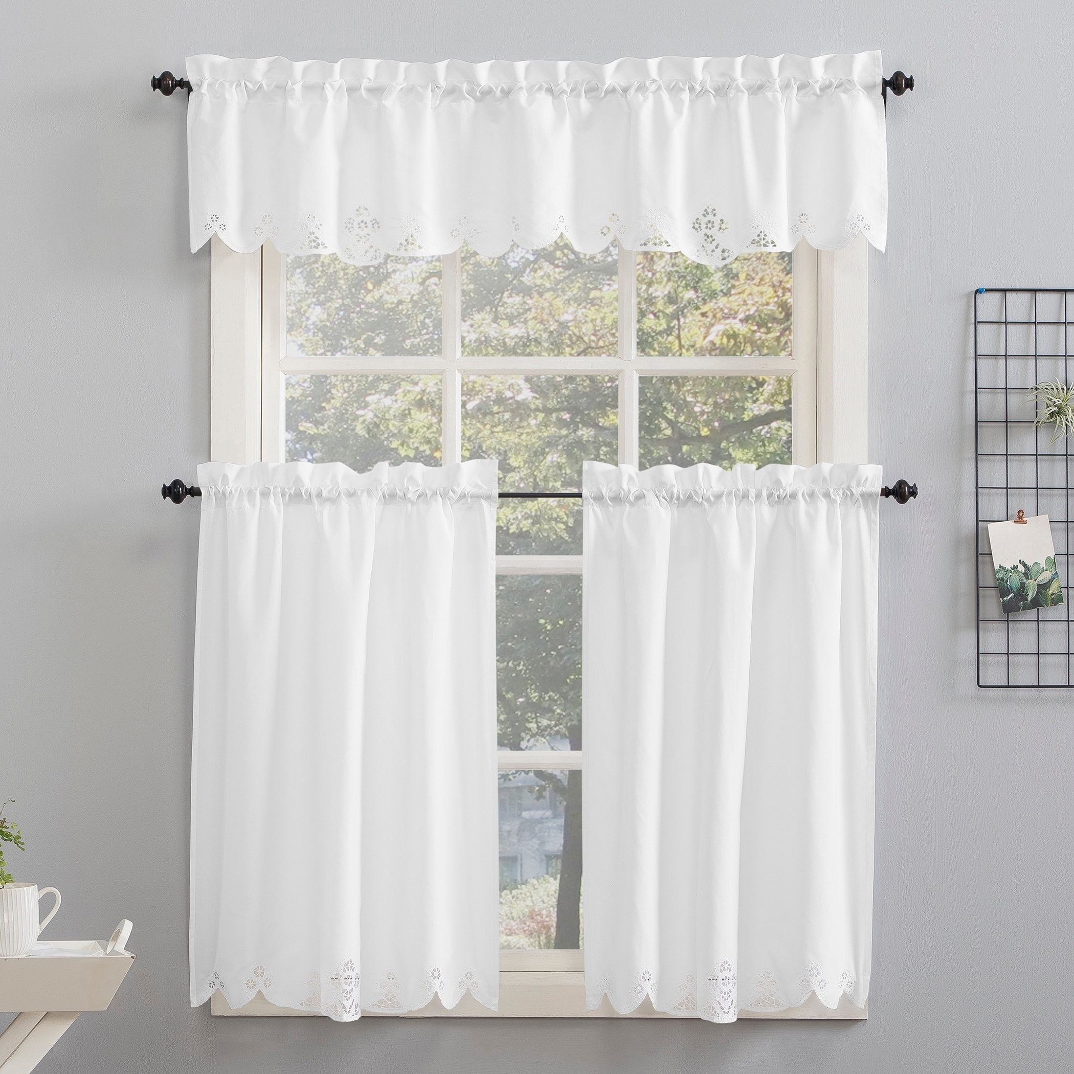 White Lace Jacguard Scalloped Rod Pocket Window Valance,Sheer Design 58" x 14" 