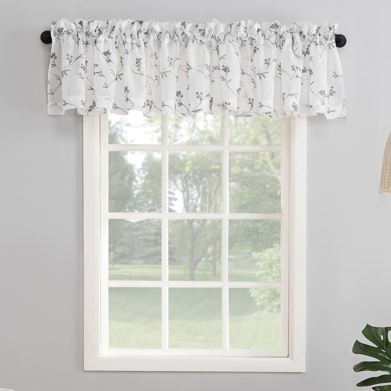 No. 918 Delia Embroidered Floral Sheer Rod Pocket Curtain Valance - 50 x 17 - White