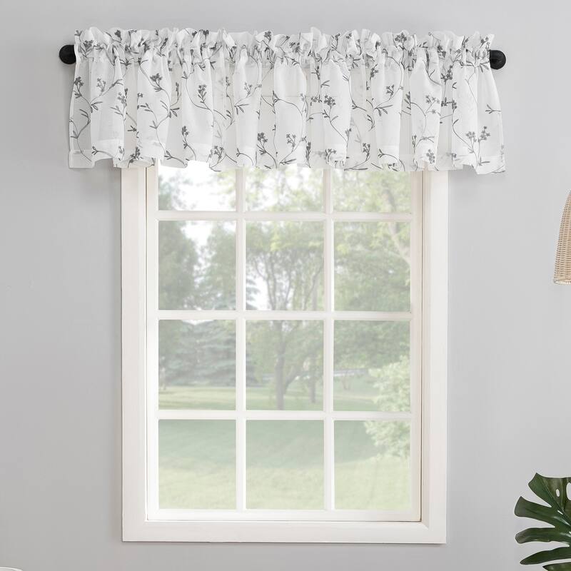 No. 918 Delia Embroidered Floral Sheer Rod Pocket Curtain Valance - 50 x 17 - White