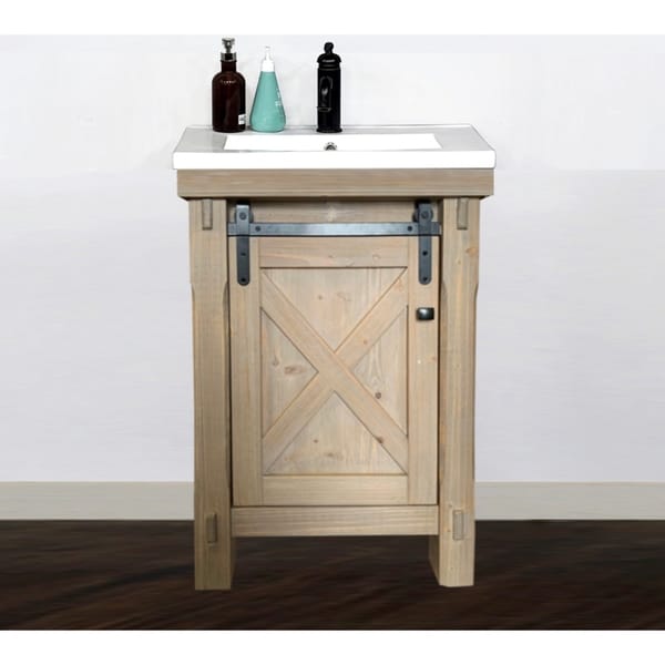 24" Rustic Solid Fir Barn Door Style Vanity with Ceramic Single Sink-No Faucet. Opens flyout.