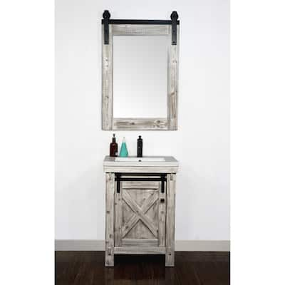 24" Rustic Solid Fir Barn Door Style White Wash Vanity with Ceramic Single Sink-No Faucet