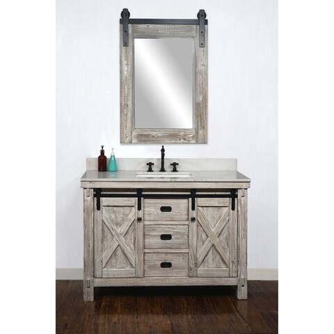 49" Rustic Solid Fir Barn Door Style Single Sink White Wash Finish Vanity with Marble or Granite Top-No Faucet