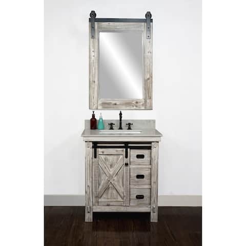 31" Rustic Solid Fir Barn Door Style Single Sink White Wash Finish Vanity with Marble or Granite Top-No Faucet