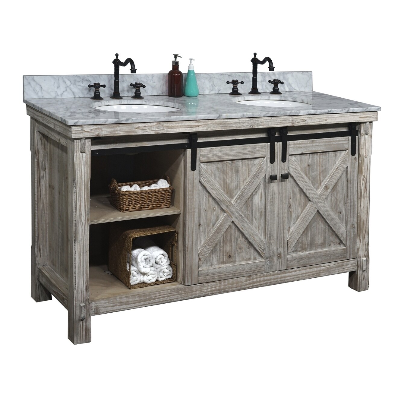 62 Inch Rustic Solid Fir Barn Door Style Double Sink Vanity Overstock 29882195