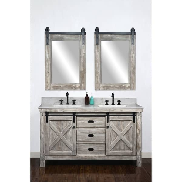 62 Inch Rustic Solid Fir Barn Door Style Double Sink Vanity