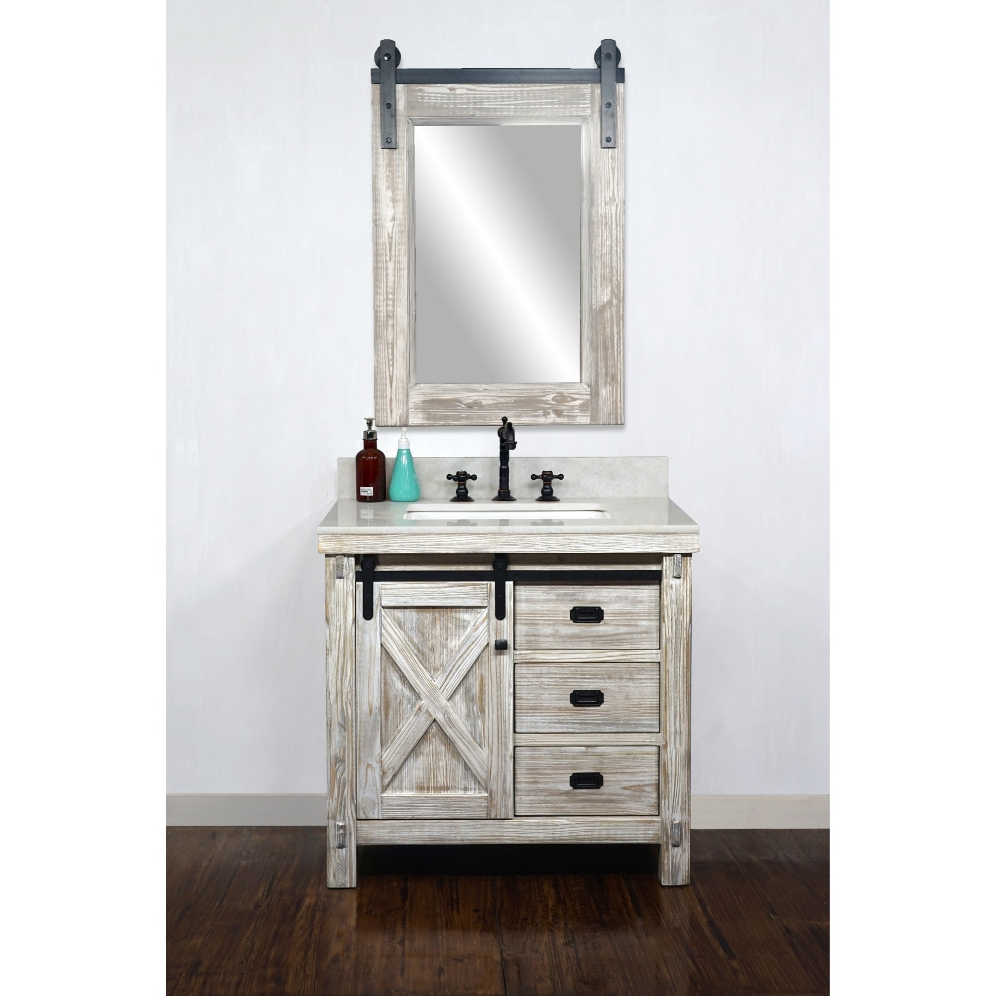 37 Rustic Solid Fir Barn Door Style Single Sink White Wash Finish Vanity With Marble Or