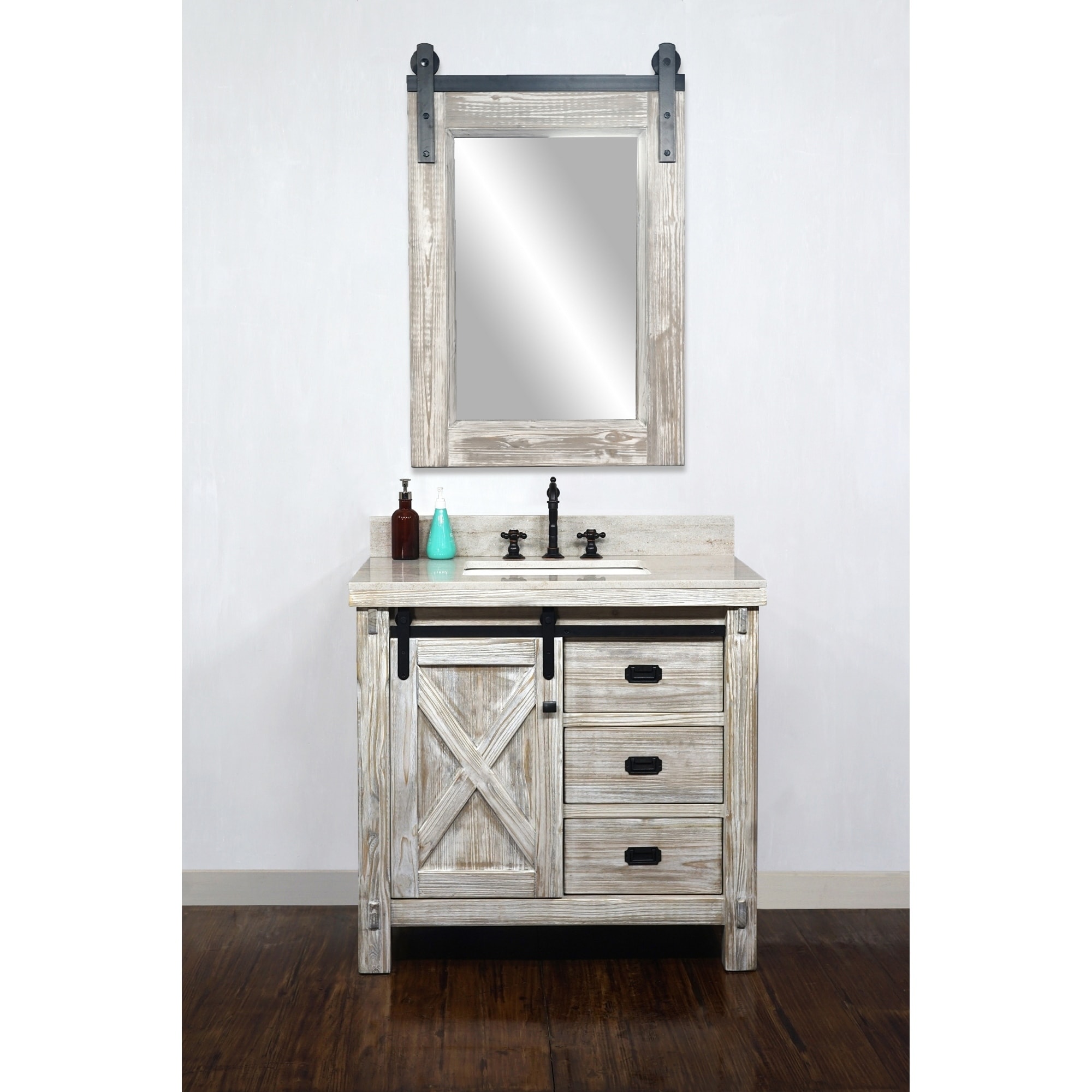 Shop 37 Rustic Solid Fir Barn Door Style Single Sink White Wash Finish Vanity With Marble Or Granite Top No Faucet Overstock 29882552