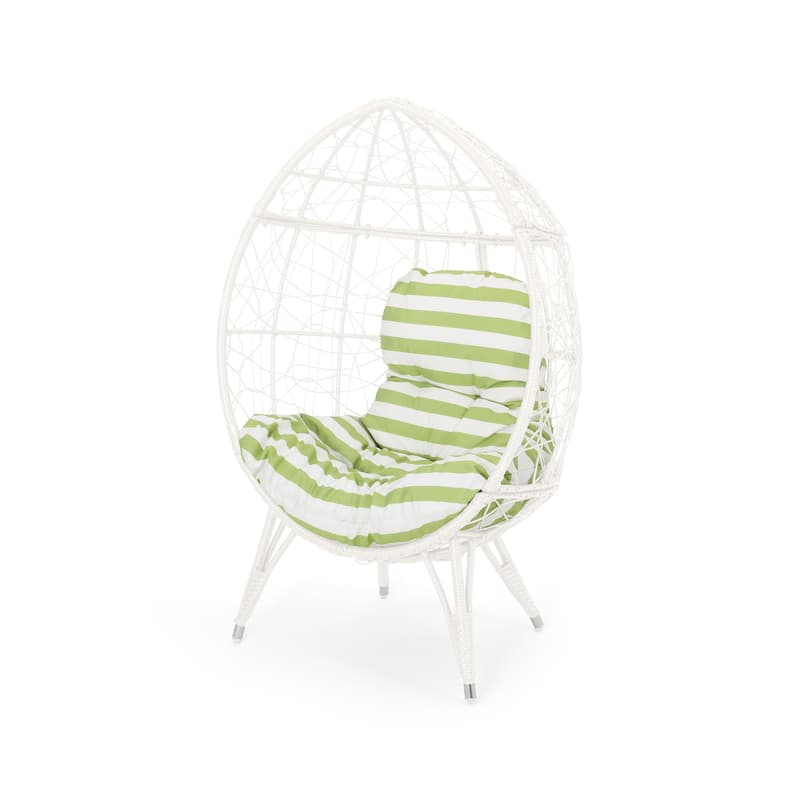 Christopher Knight Home Gavilan Indoor Wicker Teardrop Chair with Cushion - White+Green Cushion