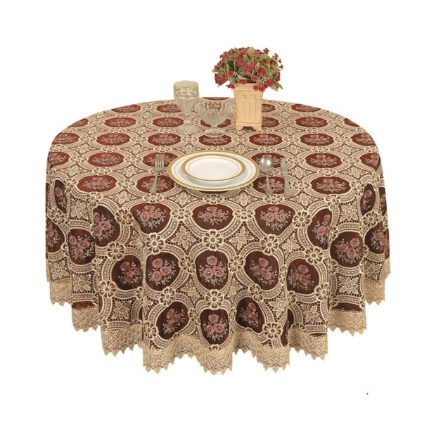 Vintage Embroidered Burgundy Lace Round Tablecloth 36"