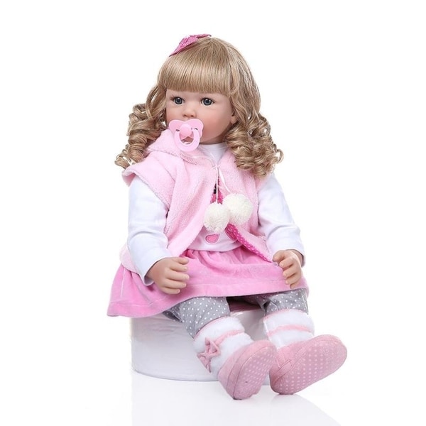24" Beautiful Simulation Baby Golden Curly Girl Wearing Pink Clothes Doll. Opens flyout.
