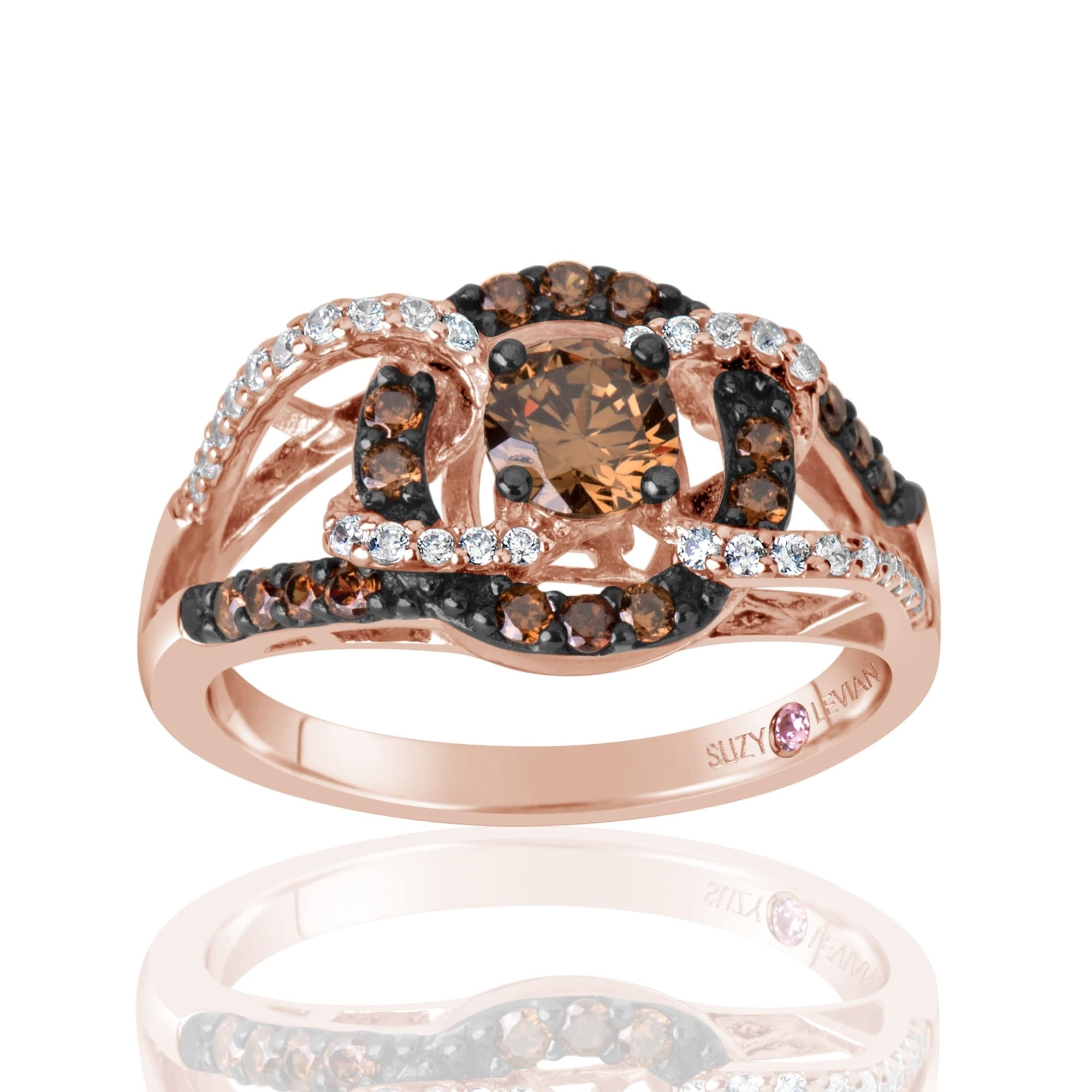 Round Cut White /& Brown Cubic Zirconia Solitaire with Accent Ring in 14K Rose Gold Over Sterling Silver