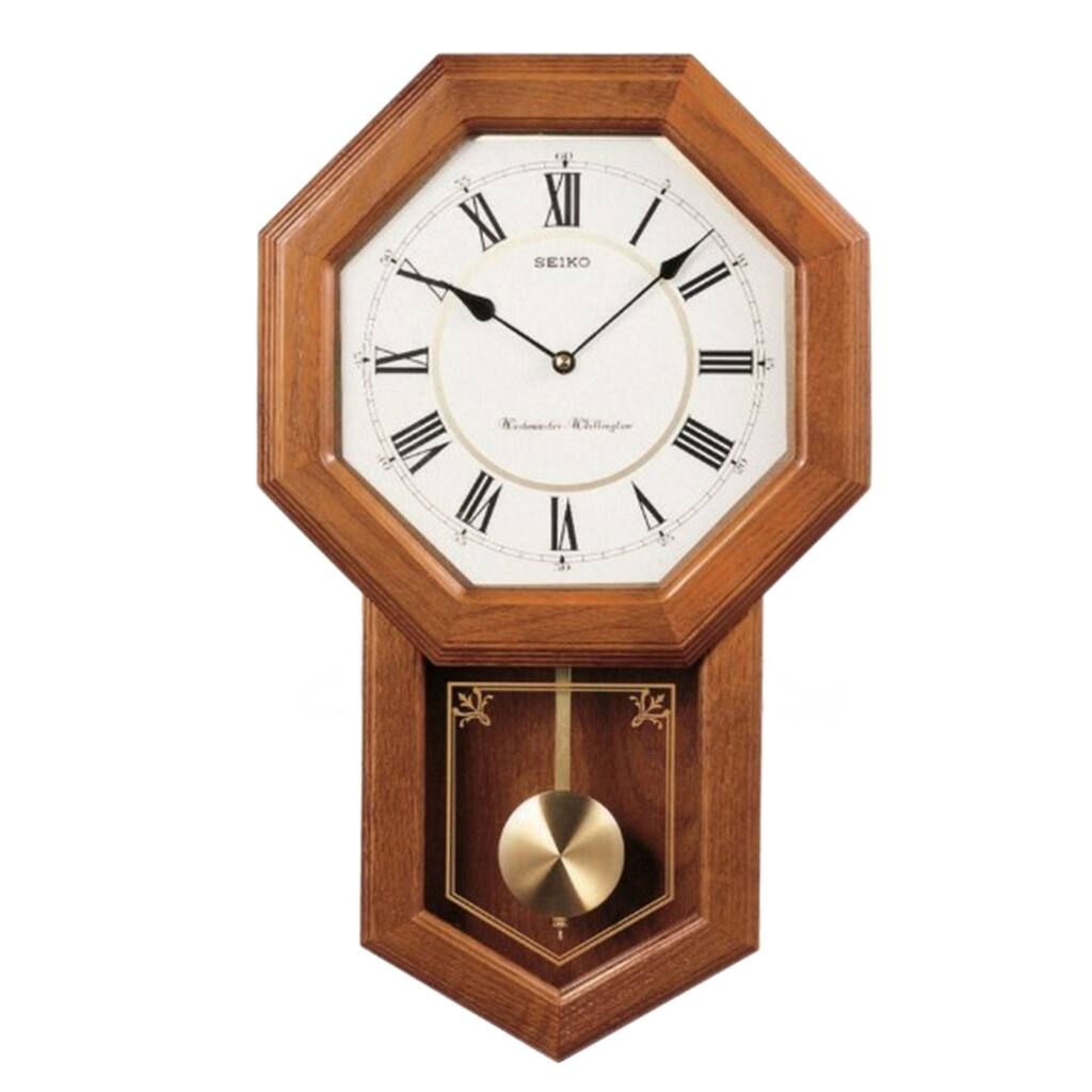 Seiko Light Oak Traditional Schoolhouse Wall Clock with Chime & Pendulum